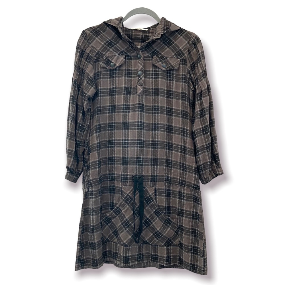KOSMIKA Plaid Shirt Dress 1/4 Button Down Hooded Small